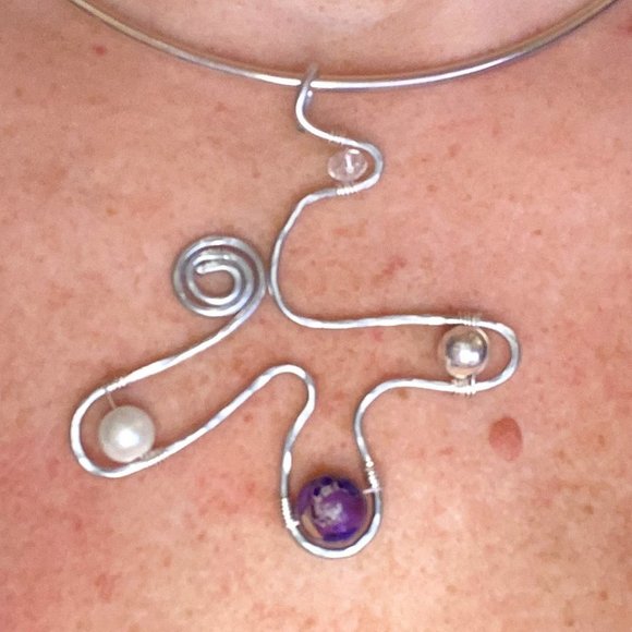 Artisan Created Hammered Stainless Steel with Jasper, Silver Plated and Crystal - Picture 5 of 12